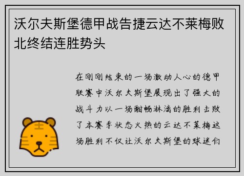 沃尔夫斯堡德甲战告捷云达不莱梅败北终结连胜势头