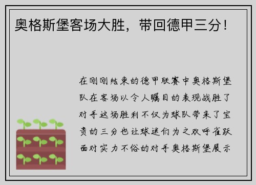 奥格斯堡客场大胜，带回德甲三分！