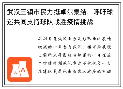 武汉三镇市民力挺卓尔集结，呼吁球迷共同支持球队战胜疫情挑战
