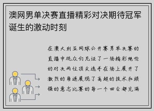 澳网男单决赛直播精彩对决期待冠军诞生的激动时刻