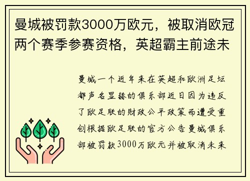 曼城被罚款3000万欧元，被取消欧冠两个赛季参赛资格，英超霸主前途未卜