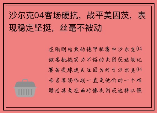 沙尔克04客场硬抗，战平美因茨，表现稳定坚挺，丝毫不被动